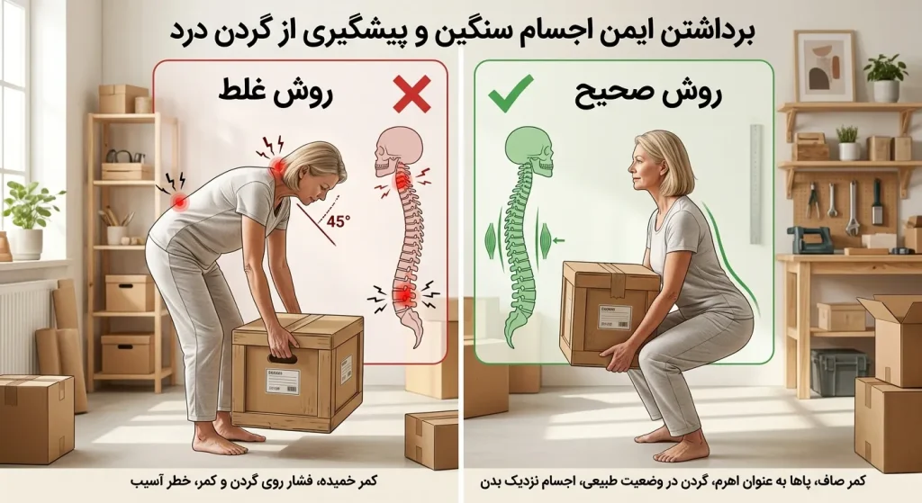 روش صحیح بلند کردن اجسام برای پیشگیری از گردن درد
